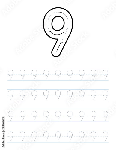 Trace number 9 worksheet for kids and preschool with tracing guide