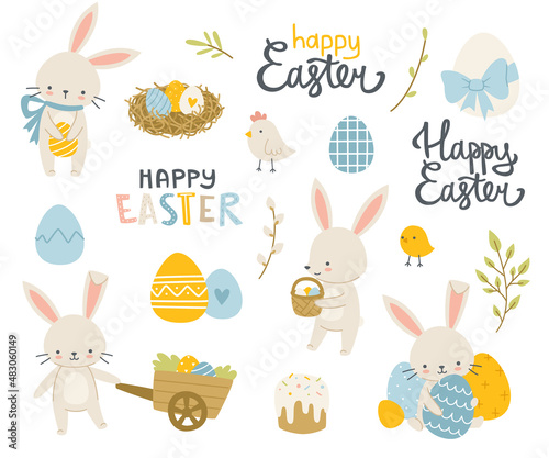 Easter rabbits with eggs an calligraphy cartoon set. Easter decoration bundle with bunny, plants, lettering, chicken, cake.