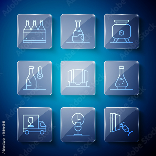 Set line Wine truck, time, tasting, degustation, Fermentation of grapes, Wooden barrel for wine, temperature, Bottles box and Decanter icon. Vector