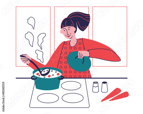 Beautiful woman cooking soup on the kitchen
