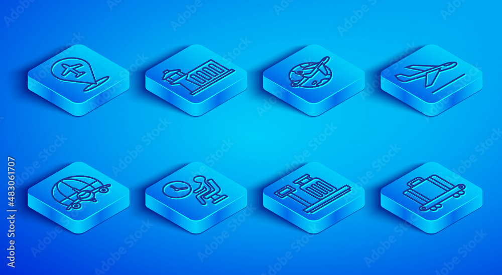 Set line Plane, Airport control tower, Globe with flying plane, Human waiting airport terminal, Scale suitcase, landing, and Conveyor belt icon. Vector Set line Plane, Airport control tower, Globe with flying plane, Human waiting airport terminal, Scale suitcase, landing, and Conveyor belt icon. Vector