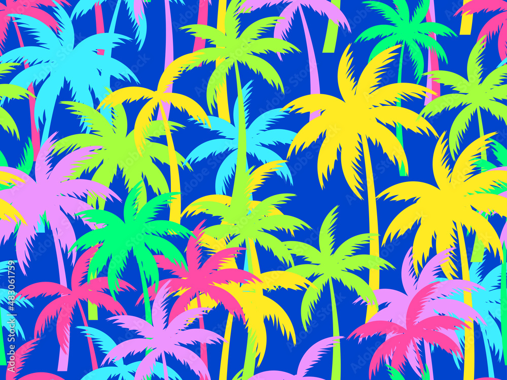 Colorful palm trees seamless pattern. Tropical jungle pop art style, exotic  background for advertising, postcards, poster and banner. Vector  illustration Stock Vector | Adobe Stock