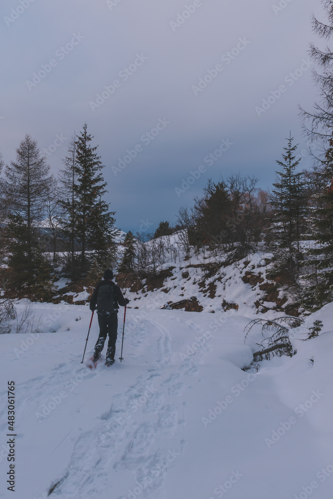 An unrecognizable male hiker wearing snowshoes walking in a forest in the French Alps on a cold winter evening (L'Enclus, Devoluy, Hautes-Alpes)