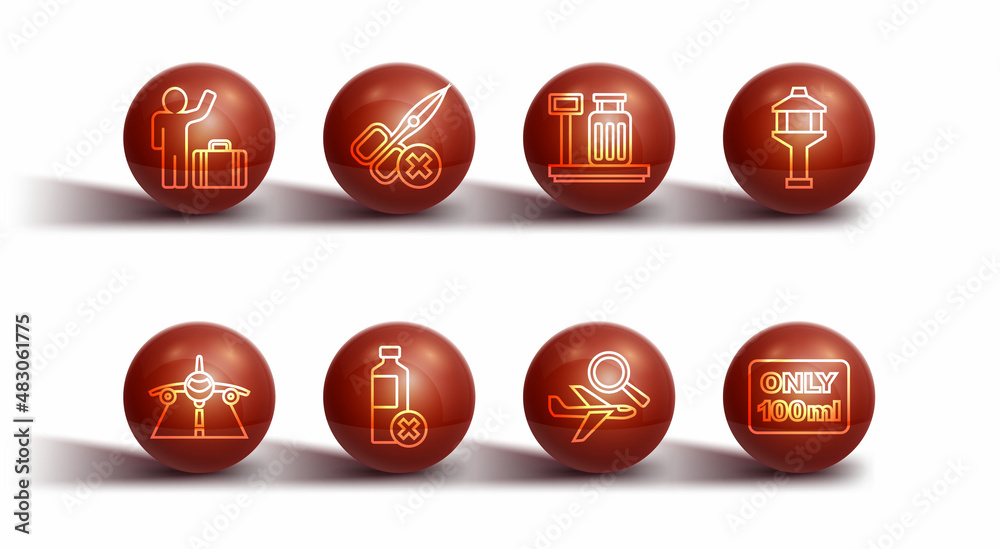 Set line Tourist with suitcase, Plane, Airport control tower, Airplane search, No water bottle, scissors, Liquids in carry-on baggage and Scale icon. Vector Set line Tourist with suitcase, Plane, Airport control tower, Airplane search, No water bottle, scissors, Liquids in carry-on baggage and Scale icon. Vector