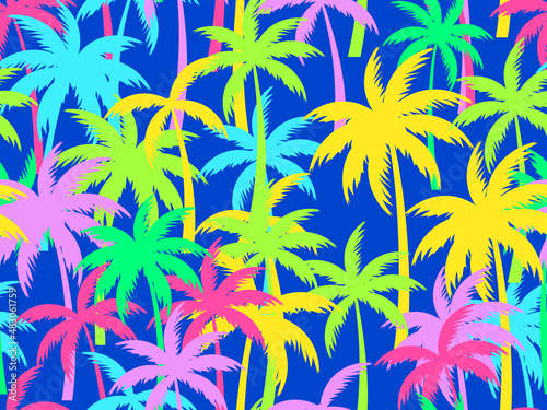 Colorful palm trees seamless pattern. Tropical jungle pop art style  exotic background for advertising  postcards  poster and banner. Vector illustration
