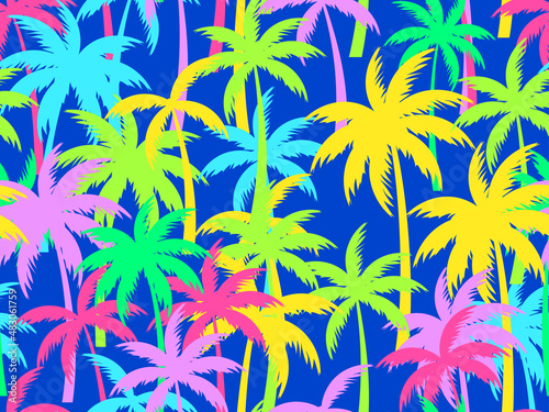 Colorful palm trees seamless pattern. Tropical jungle pop art style, exotic background for advertising, postcards, poster and banner. Vector illustration