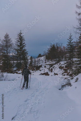 An unrecognizable male hiker wearing snowshoes walking in a forest in the French Alps on a cold winter evening (L'Enclus, Devoluy, Hautes-Alpes)