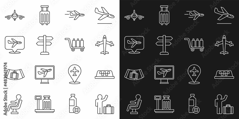 Set line Tourist with suitcase, Taxi car roof, Plane, Road traffic sign, and Trolley baggage icon. Vector Set line Tourist with suitcase, Taxi car roof, Plane, Road traffic sign, and Trolley baggage icon. Vector