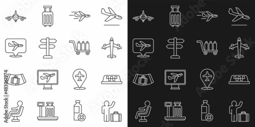 Set line Tourist with suitcase  Taxi car roof  Plane  Road traffic sign  and Trolley baggage icon. Vector