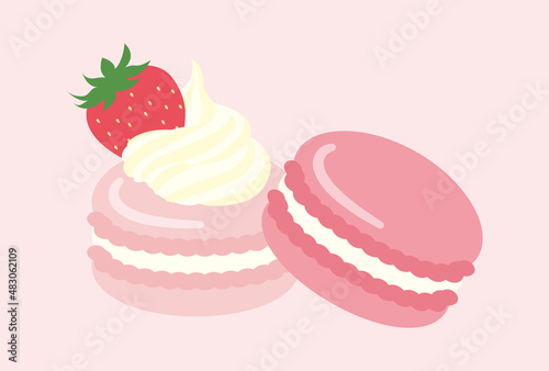 vector background with strawberry French macarons for banners, cards, flyers, social media wallpapers, etc.