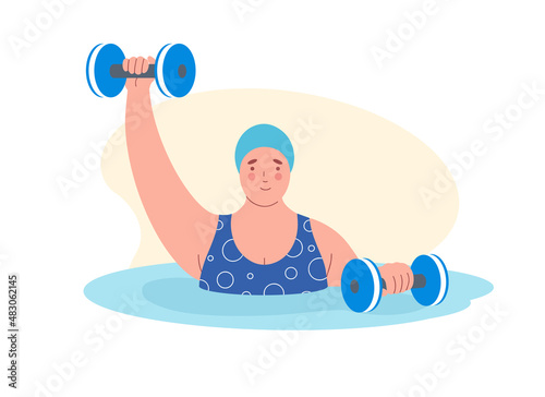 Overweight woman performing water aerobics exercises with foam dumbbell. Concept of healthy lifestyle and sports .