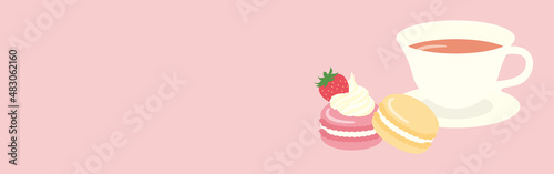 vector background with French macarons and a cup of tea for banners, cards, flyers, social media wallpapers, etc.