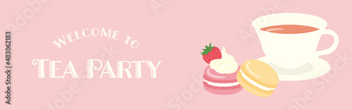 vector background with French macarons and a cup of tea for banners, cards, flyers, social media wallpapers, etc.