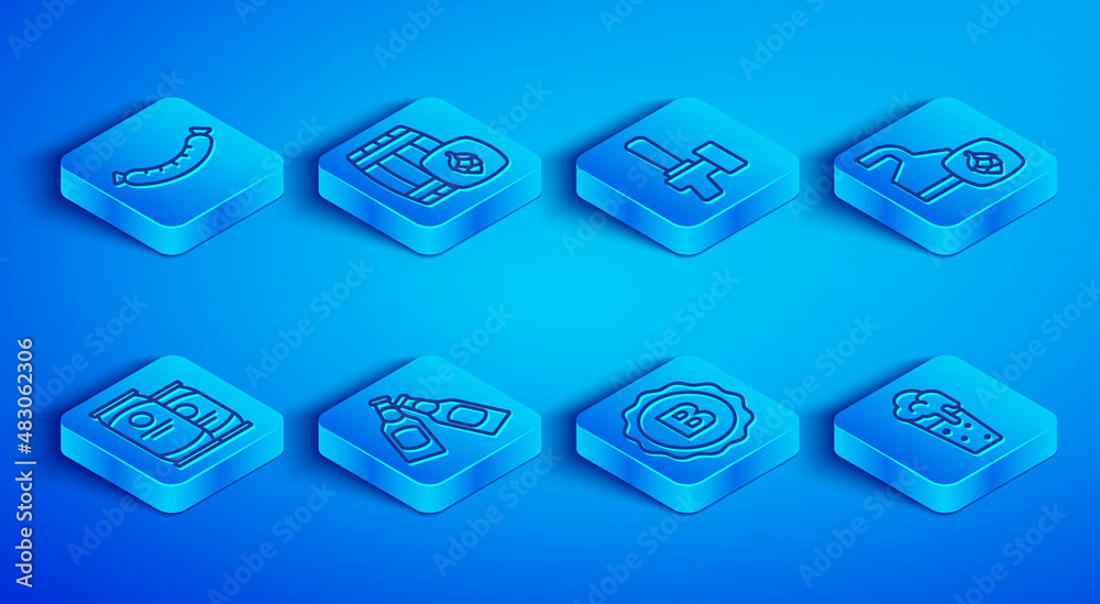 Set line Sausage, Wooden barrel, Beer tap, bottle, Bottle cap with beer, brewing process, can and Glass of icon. Vector Set line Sausage, Wooden barrel, Beer tap, bottle, Bottle cap with beer, brewing process, can and Glass of icon. Vector