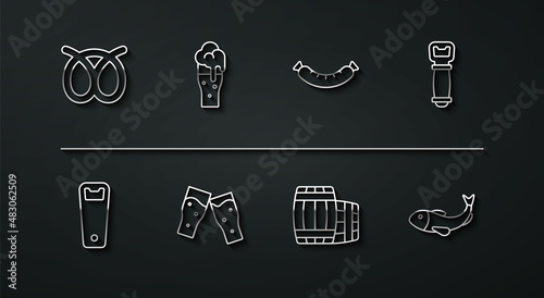 Set line Pretzel, Bottle opener, Wooden barrel, Glass of beer, Dried fish and Sausage icon. Vector