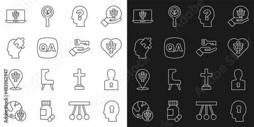 Set line Solution to the problem, Psychology, Psi, Head with question mark, Question and Answer, Psychologist online and icon. Vector