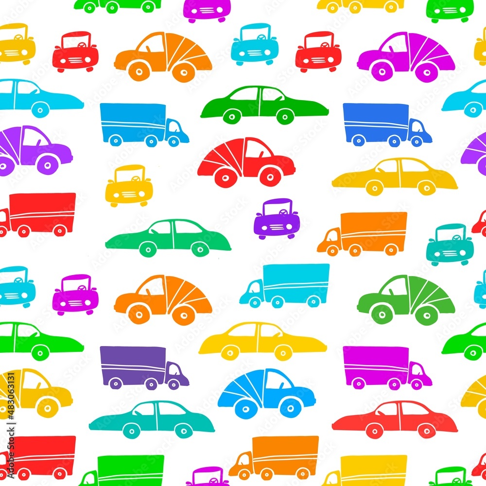 Children's colorful seamless pattern with cars. Fabric pattern design for boys.
