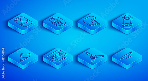 Set line Baseball cap, Skateboard bearing, helmet, Y-tool, park and wheel icon. Vector