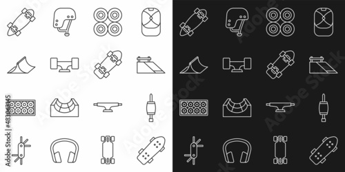 Set line Skateboard, Screwdriver, park, wheel, Longboard or skateboard and icon. Vector