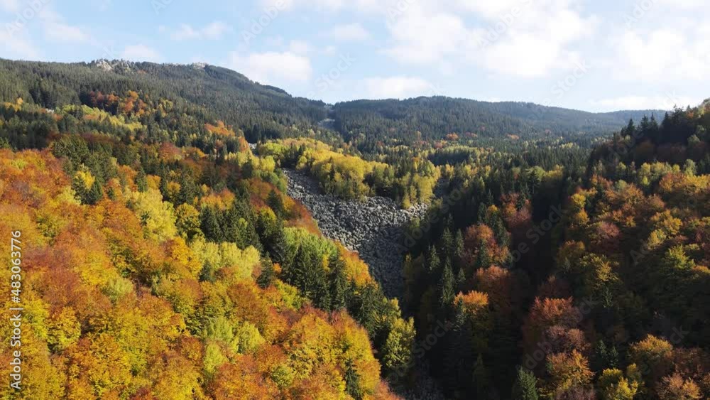 Aerial autumn view of Stone river know as Zlatnite Mostove (Golden Bridges) at Vitosha Mountain, Sofia City Region, Bulgaria Aerial autumn view of Stone river know as Zlatnite Mostove (Golden Bridges) at Vitosha Mountain, Sofia City Region, Bulgaria