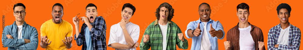 Multiethnic millennial guys gesturing and grimacing on orange, collage Multiethnic millennial guys gesturing and grimacing on orange, collage