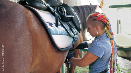 horse care. Horsewoman harnesses bay horse, prepares palfrey for horseback riding. Equitation. jockeyship. equestrianism. Equestrian sport. Horse riding.