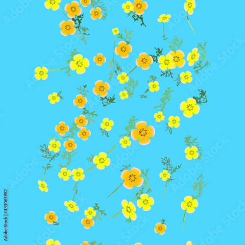 Eshsholtsiya yellow flowers with leaves floral seamless texture, vector.