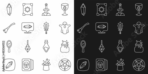 Set line Pentagram in a circle, Witch cauldron, Ghost, Sword the stone, Magic, Witches broom, and sword fire icon. Vector