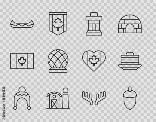 Set line Winter hat, Acorn, Inukshuk, Farm house, Kayak, Montreal Biosphere, Deer antlers and Stack of pancakes icon. Vector