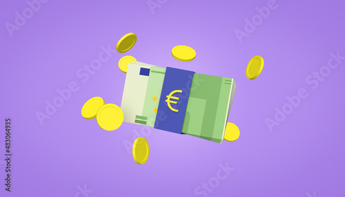Bundles euro cash and floating coins around 3d illustration