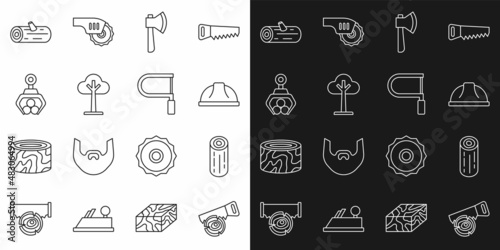 Set line Hand saw and log, Wooden logs, Worker safety helmet, axe, Tree, Grapple crane grabbed, and Hacksaw icon. Vector