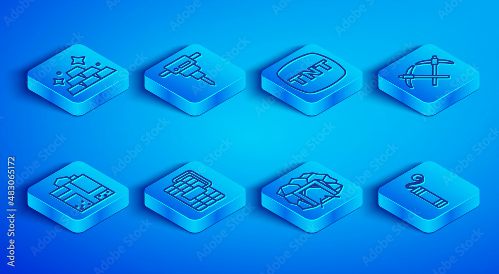 Set line Gold bars, Construction jackhammer, Dynamite, Mine entrance, Pickaxe, and icon. Vector Set line Gold bars, Construction jackhammer, Dynamite, Mine entrance, Pickaxe, and icon. Vector