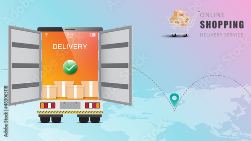 Online delivery service concept. Truck for delivery with decor by mobile phone at the back. Global logistics on smartphone.