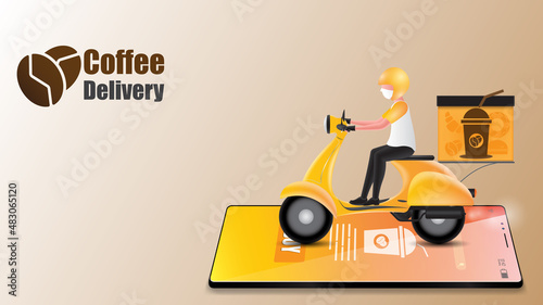 A coffee delivery man driving a motorbike on a mobile phone and an application for ordering coffee.