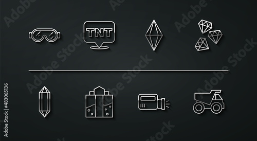Set line Safety goggle glasses, Gem stone, Flashlight, Mine entrance, Dynamite, Mining dump truck and icon. Vector