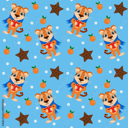 Fototapeta Naklejka Na Ścianę i Meble -  Cute pattern with a tiger drinking delicious hot cocoa, tangerines, gingerbread and snow. Vector graphic.	