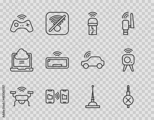 Set line Smart drone system, No audio jack, Usb wireless adapter, Data transfer and storage, Wireless gamepad, Computer keyboard, Antenna and Web camera icon. Vector