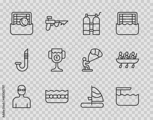 Set line Swimmer, Diving board or springboard, Aqualung, Swimming pool, Water polo, Award cup, Windsurfing and Canoe rowing team sports icon. Vector