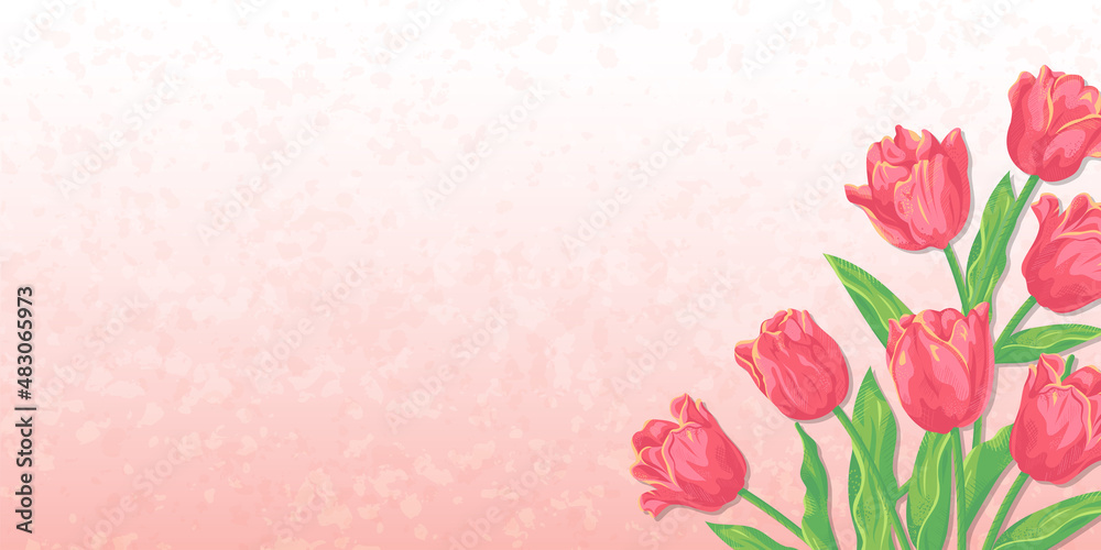 赤いチューリップの花と淡いカラーの背景　ベクターイラスト素材
