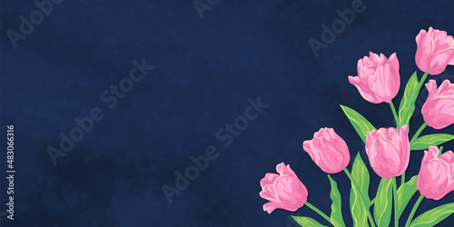ピンクのチューリップの花とネイビーの背景　ベクターイラスト素材　紙のテクスチャー