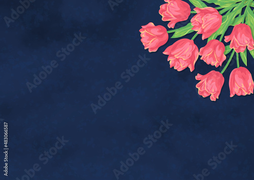 赤いチューリップの花とネイビーの背景　ベクターイラスト素材　紙のテクスチャー