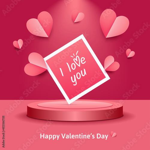 Red, pink flying hearts isolated on 3d realistic background. Paper cut decorations for Valentine's day vector border, frame, photo design. Text: I love you! Happy St. Valentines day. Anniversary card.