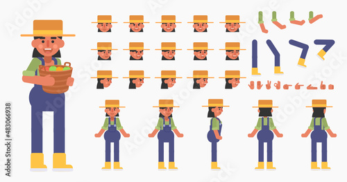 Creation kit of a farm girl, villager woman or gardener character. Modern vector illustration. Create your own pose, action, animation