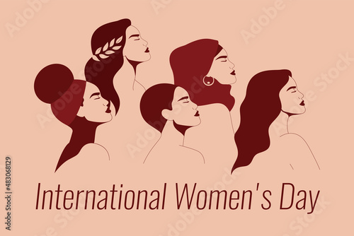 Young women of different ethnicity look forward together. International Women's day card with Strong and brave girls support each other. Sisterhood and females friendship poster. Vector illustration