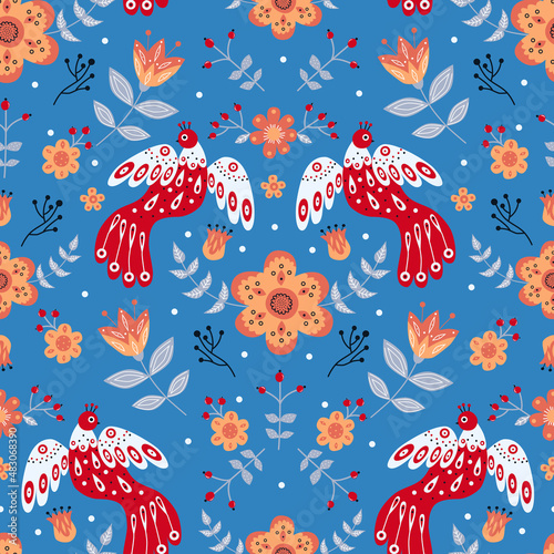 Vector seamless pattern with various birds, flowers and leaves with different folk ornaments. Composition in scandinavan style. Ethnic flat illustration with nordic detailed in trendy colors