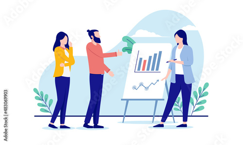 Meeting presentation - Small group of people having a discussion over graphs and charts. Small business concept, flat design vector illustration