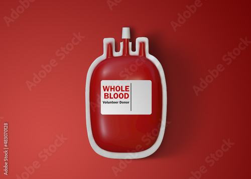 3D rendering image of blood transfusion bag on red background