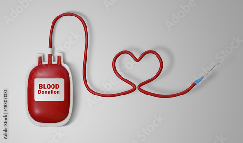 3D rendering image of  blood transfusion bag with heart shaped tube on white background photo