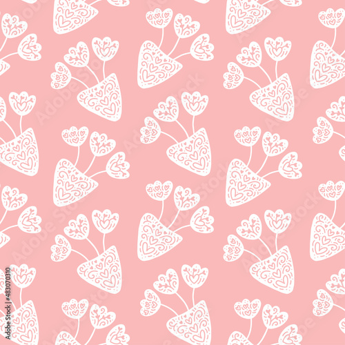 Retro seamless pattern of vase with flowers and blossom in hygge style. Scandinavian flourish vector element with hearts for valentine day, romantic love greeting card, holiday