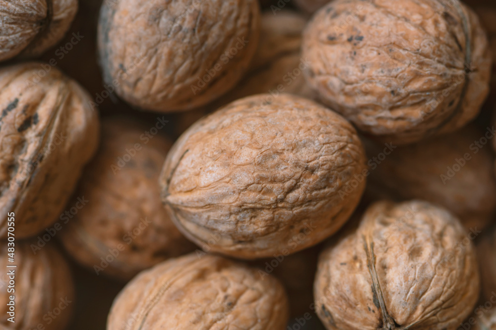 Lot of walnuts in the pile.Background of fresh walnuts. Lot of walnuts in the pile.Background of fresh walnuts.